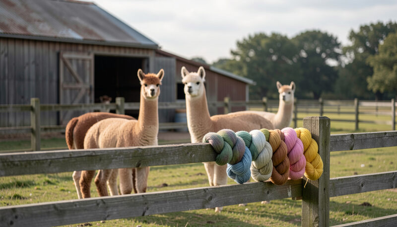 An alpaca ranch in Mount Vernon with the animals at a fence line, skeins of undyed yarn and knitted goods laid out on a foreground table.
