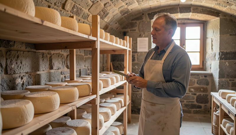 An organic cheese room in Mount Vernon, wheels of brie and raclette set on wooden boards, a steel vat and white aprons near a cool north-facing window.