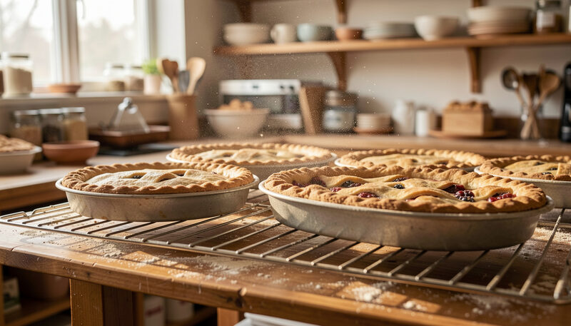 A bakery kitchen counter in the Belgrade Lakes with fresh pies and loaves cooling in rows, a chalked menu board and a window onto the road.