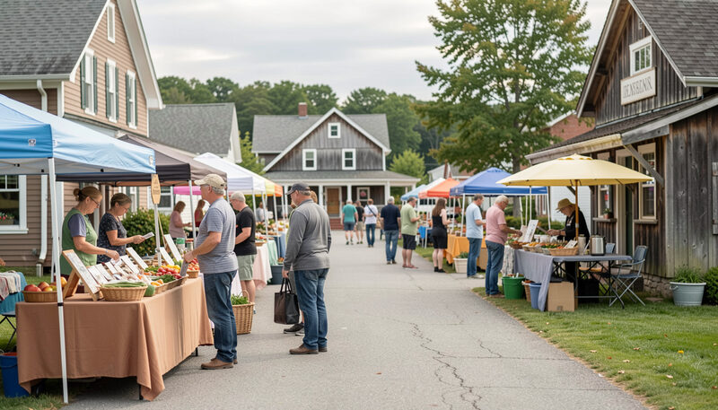 Shoppers moving along a market lane between village houses, blue and yellow tents over tables of produce, a painted sign on a weathered wooden storefront to the right.