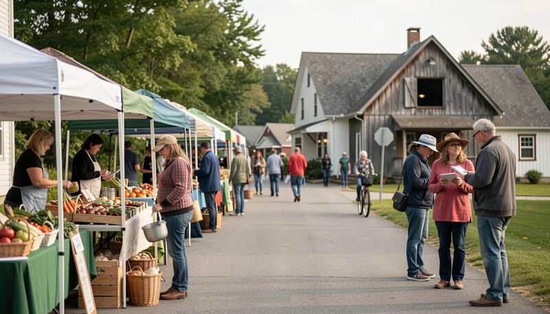 A market aisle lined with green tents on the left and a grey barn on the right, vendors arranging crates of carrots and tomatoes, a cyclist passing in the distance.