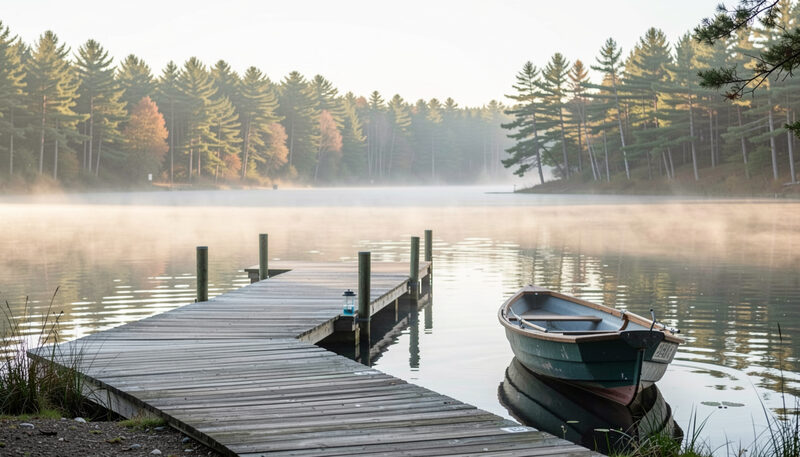 A weathered wooden dock reaching into a still lake at first light, a small rowboat tied alongside, morning mist lying on the water with a pine shore behind.