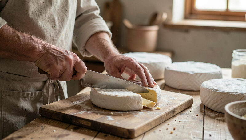 A cheesemaker's hands cutting a wheel of soft-ripened cheese on a worn wooden board, more whole wheels and a jar of milk on the worktable in window light.
