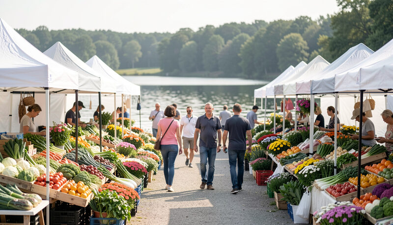 A slow Sunday morning on the market row in Belgrade Lakes village, white tents along the lane and shoppers carrying baskets between stalls before the first bell.