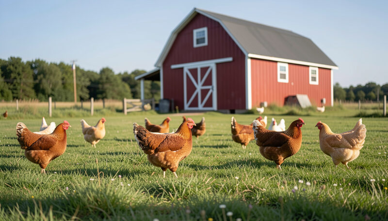 A New Sharon farmyard with low poultry houses and open pens, a table of baked pot pies cooling by the farmhouse door in late morning light.