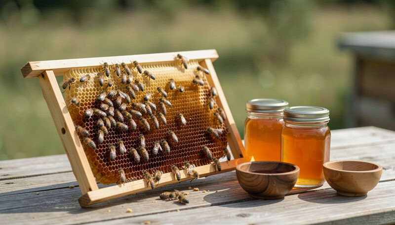 A honey stand table with jars of raw honey, blocks of beeswax and small jars of jam, turned wood gifts arranged on a board at the back.