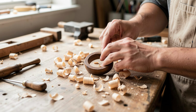 A maker's bench in Rome with stone and birch-bark jewelry laid out on a board, small forged hand tools hanging behind in warm workshop light.